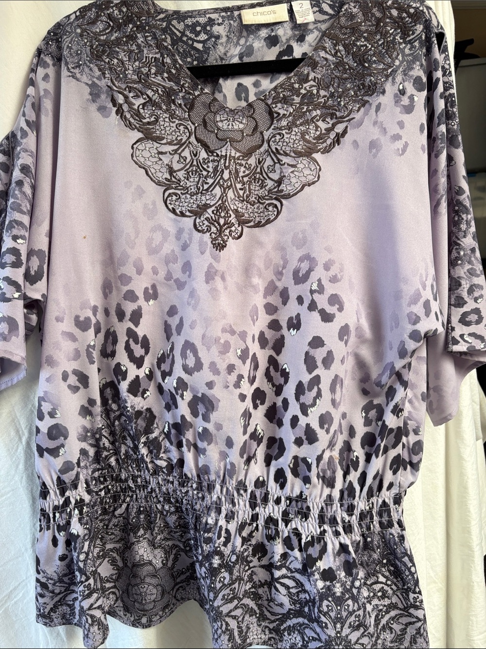 Chico's Lavender and Black Animal-Print Short Sleeve Blouse